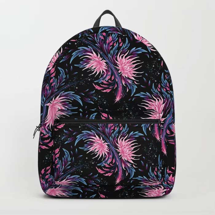 Floral supernova stars pink and black backpack by Andrea Muller