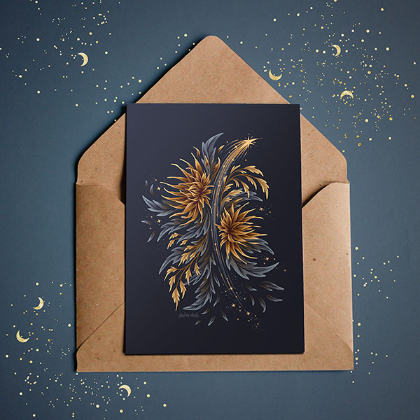 Floral supernova black and gold greeting card by Andrea Muller