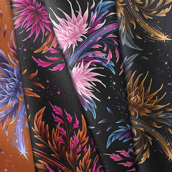 Floral supernova chrysanthenums galaxy fabric collection by Andrea Muller
