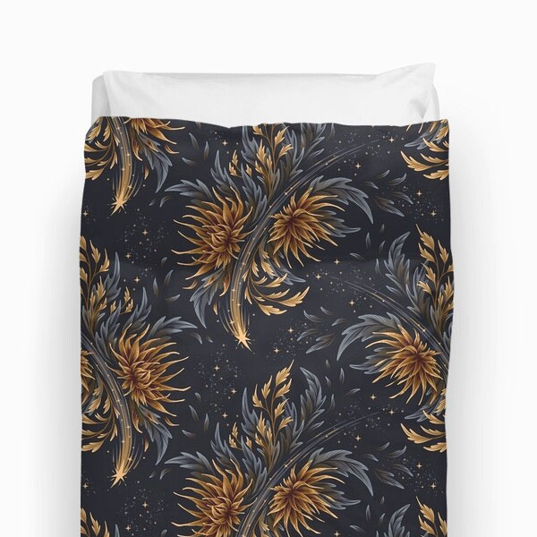 Floral supernova grey and gold bedding duvet cover by Andrea Muller
