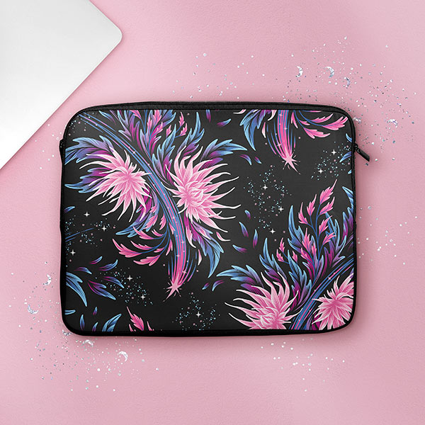 Floral supernova pink and black pattern laptop sleeve by Andrea Muller