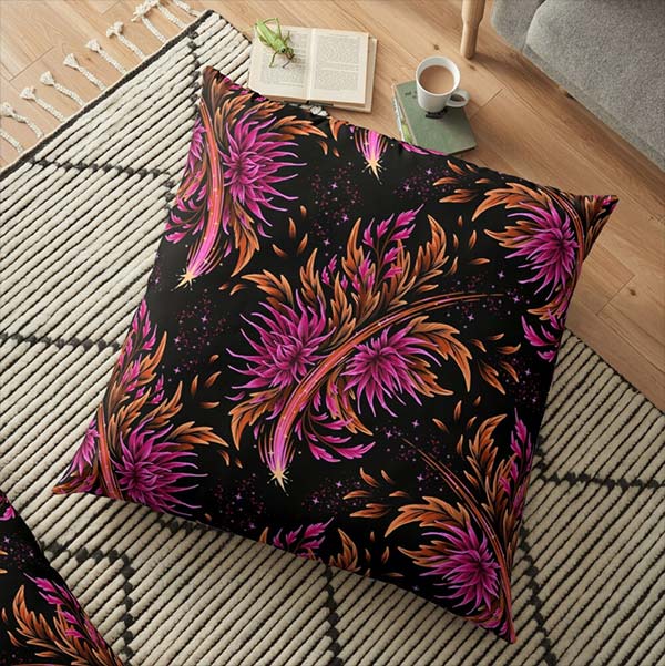 Floral supernova magenta black large floor pillow cushion by Andrea Muller
