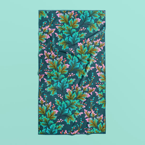 Emerald green leafy foliage pattern beach towel by Andrea Muller