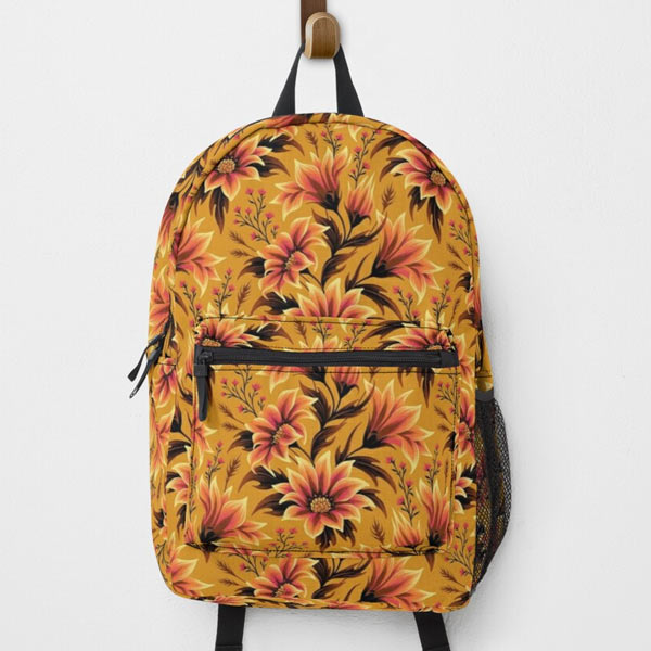 Gold yellow gazania retro floral print backpack by Andrea Muller