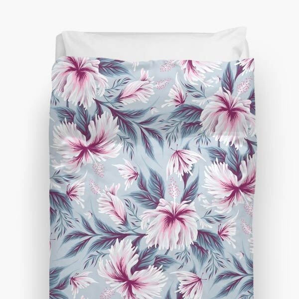 Hibiscus floral light grey pink duvet cover by Andrea Muller