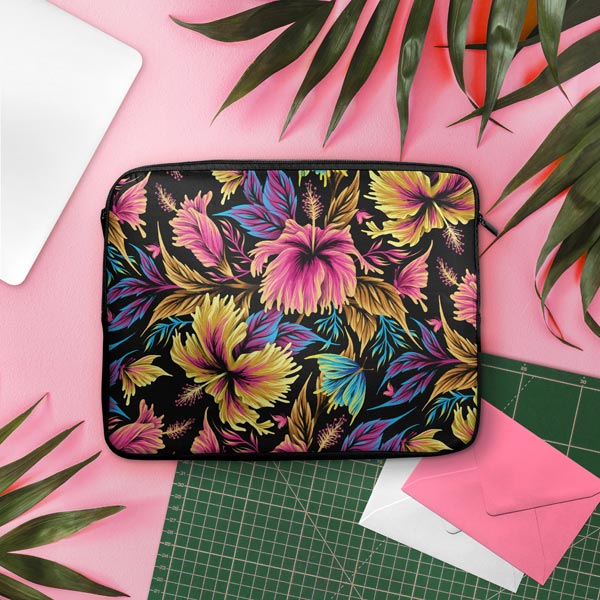 Colorful hibiscus floral pattern laptop sleeve by Andrea Muller