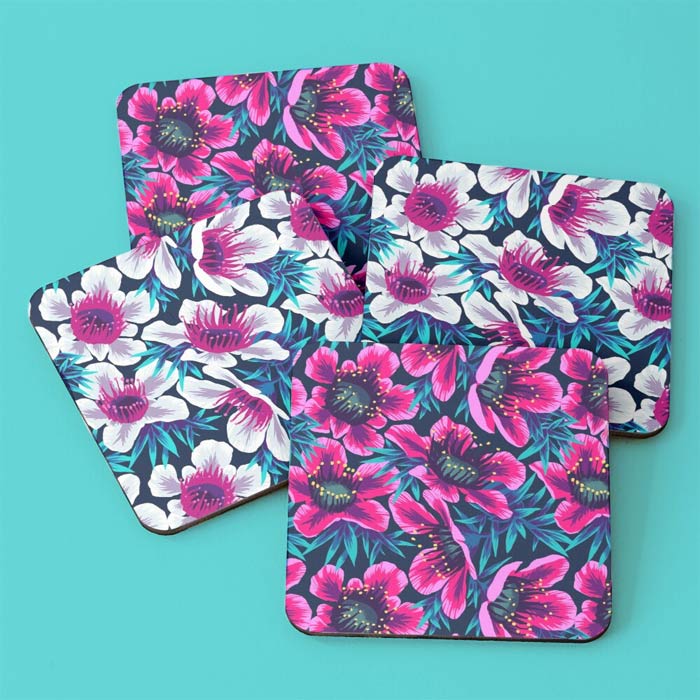 Manuka floral pattern pink and white drink coasters by Andrea Muller