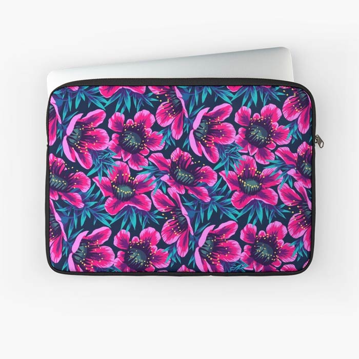 Pink Manuka floral print macbook laptop sleeve by Andrea Muller
