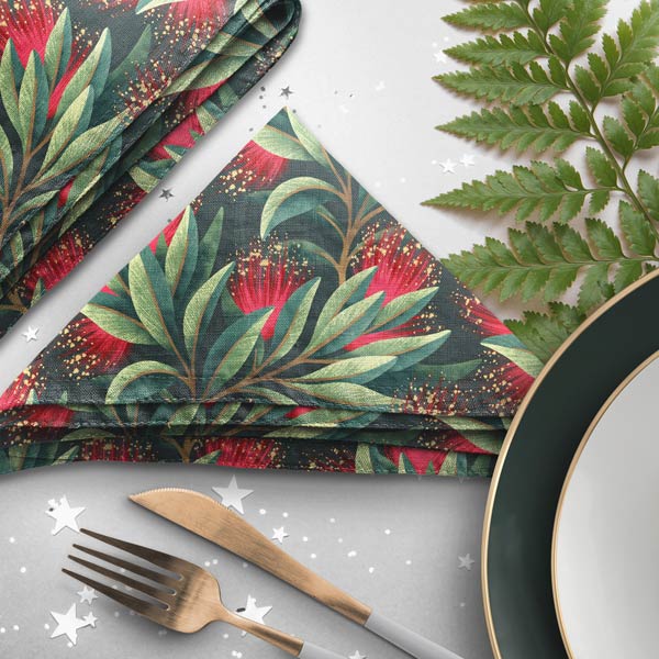 Red and green pohutukawa floral Christmas table napkins by Andrea Muller