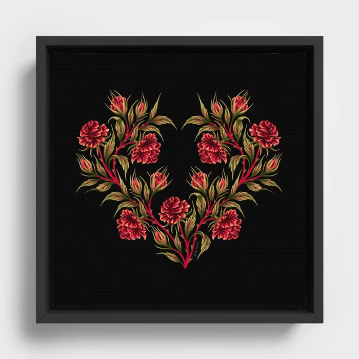 Black and red heart shaped roses illustration wall art framed canvas print by Andrea Muller