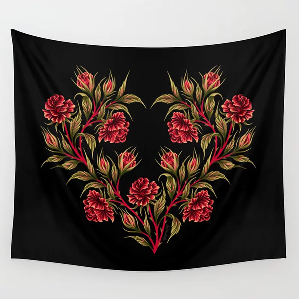 Black and red heart shaped roses illustration wall hanging fabric by Andrea Muller