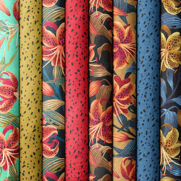Tiger Lily floral pattern fabric collection by Andrea Muller
