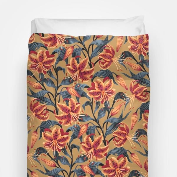 Tiger Lily floral mustard bedding duvet cover by Andrea Muller