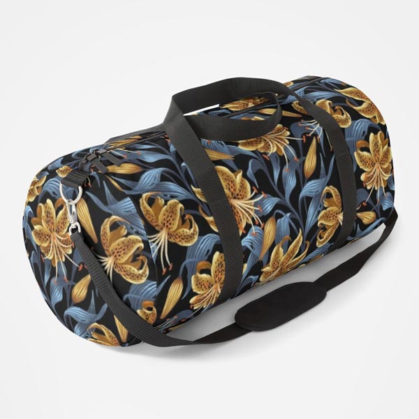 Yellow navy Tiger Lily floral print duffle bag by Andrea Muller