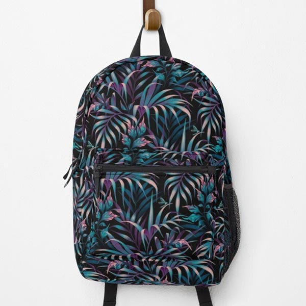 Blue tropical palm leaf print backpack by Andrea Muller