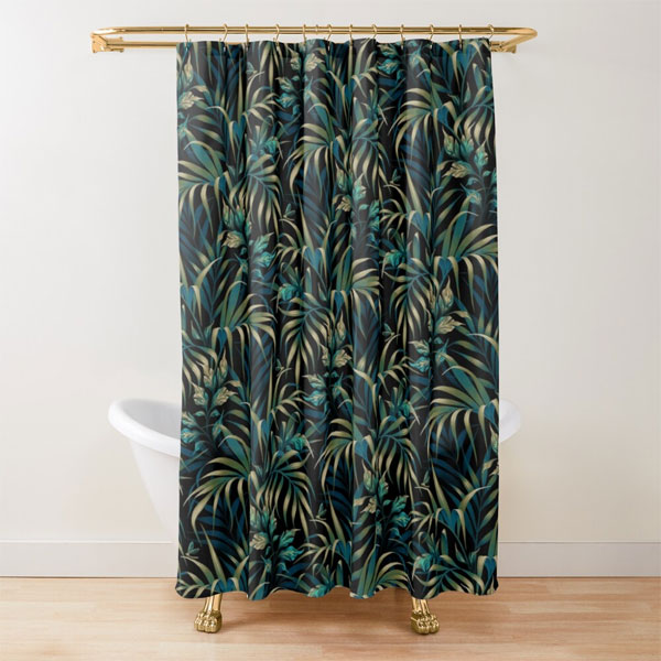 Tropical green palm leaf pattern shower curtain by Andrea Muller