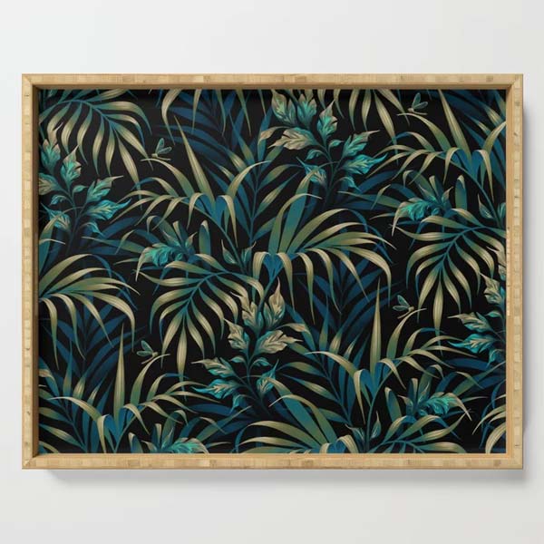 Green tropical palm leaf bamboo serving tray by Andrea Muller