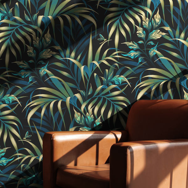 Interior tropical wallpaper mockup with leather chair by Andrea Muller