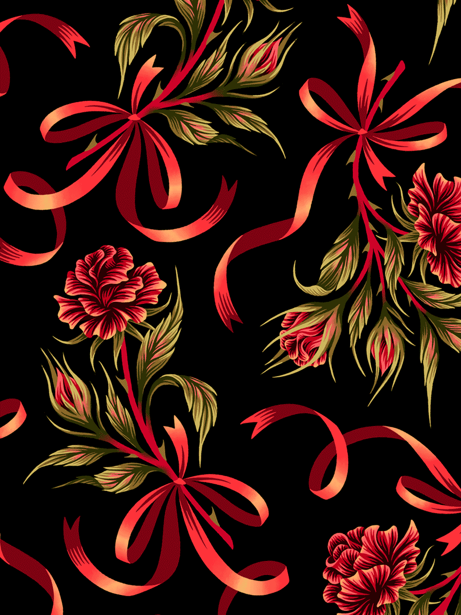 Red and black roses with ribbon bows repeating pattern by Andrea Muller