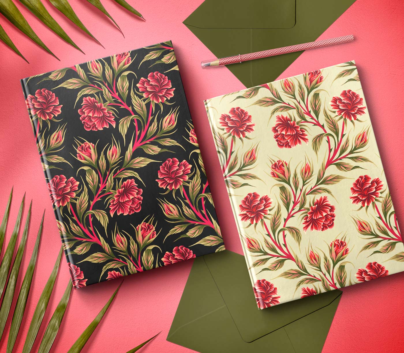Red and green illustrated roses hardcover journal notebooks by Andrea Muller