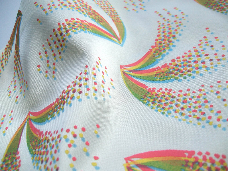 White satin fabric with opaque comet screenprint