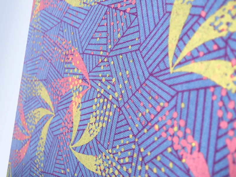 Purple cotton fabric with pink and yellow comet print
