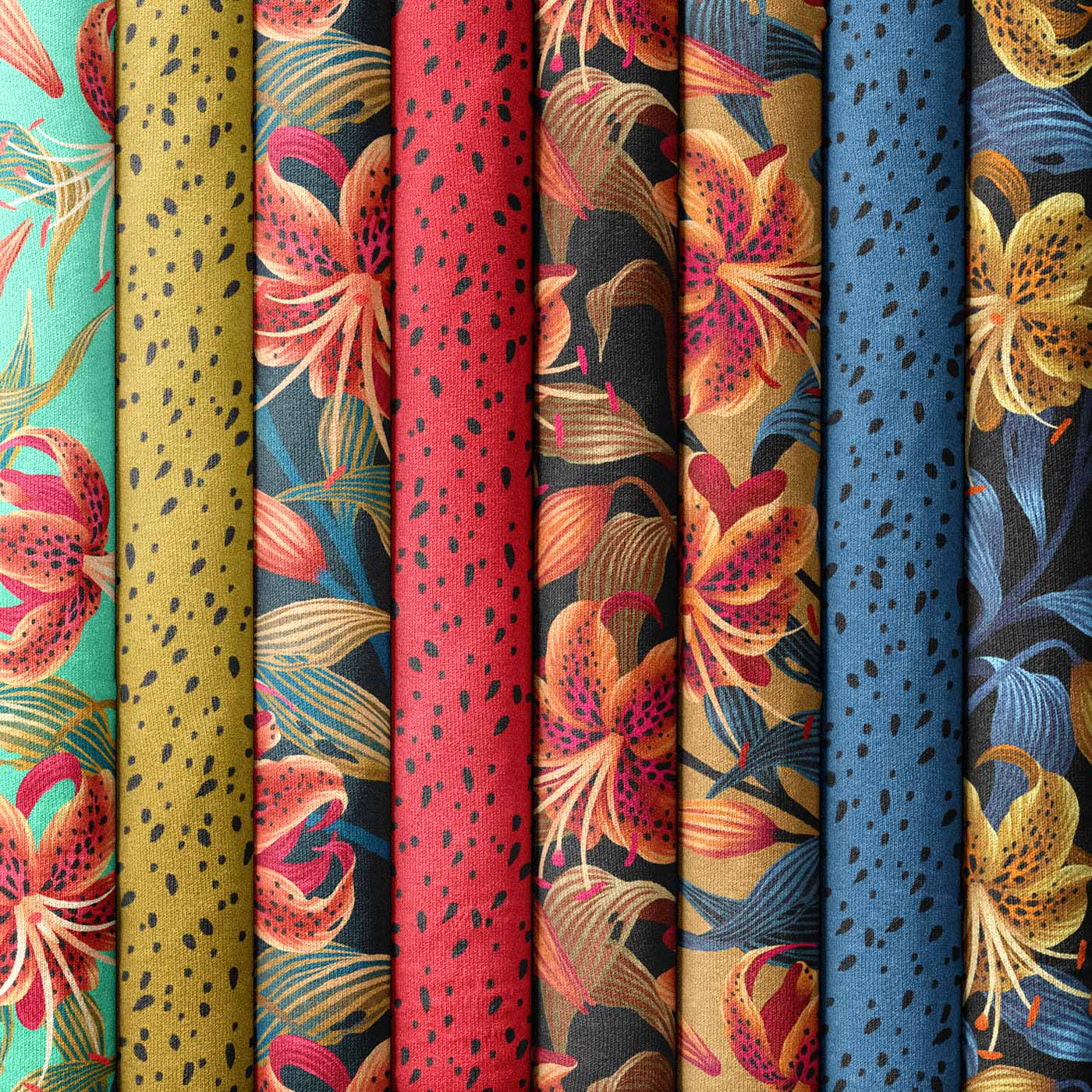 Tiger lily rolls of fabric collection by Andrea Muller