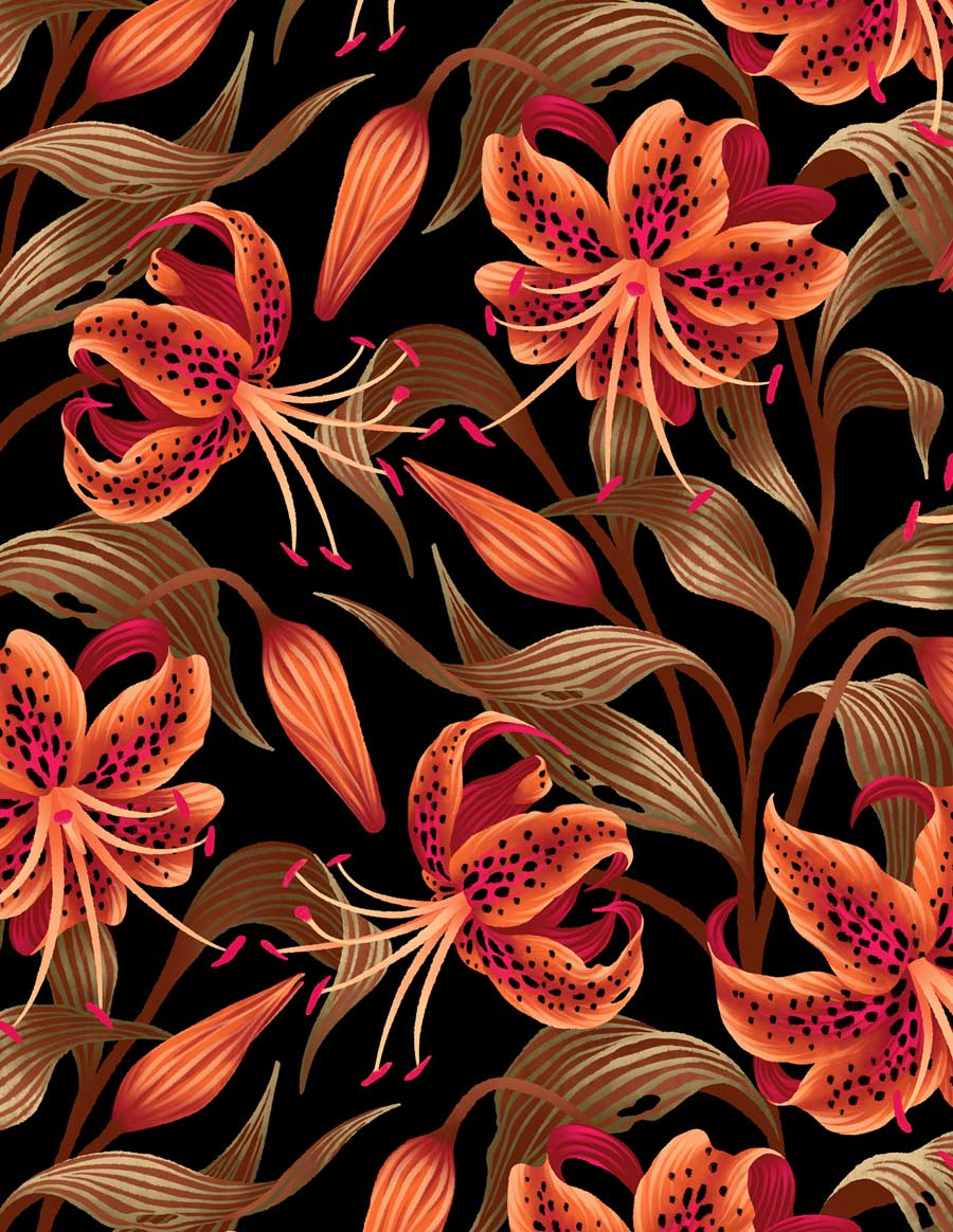 Tiger Lily floral pattern illustration by Andrea Muller