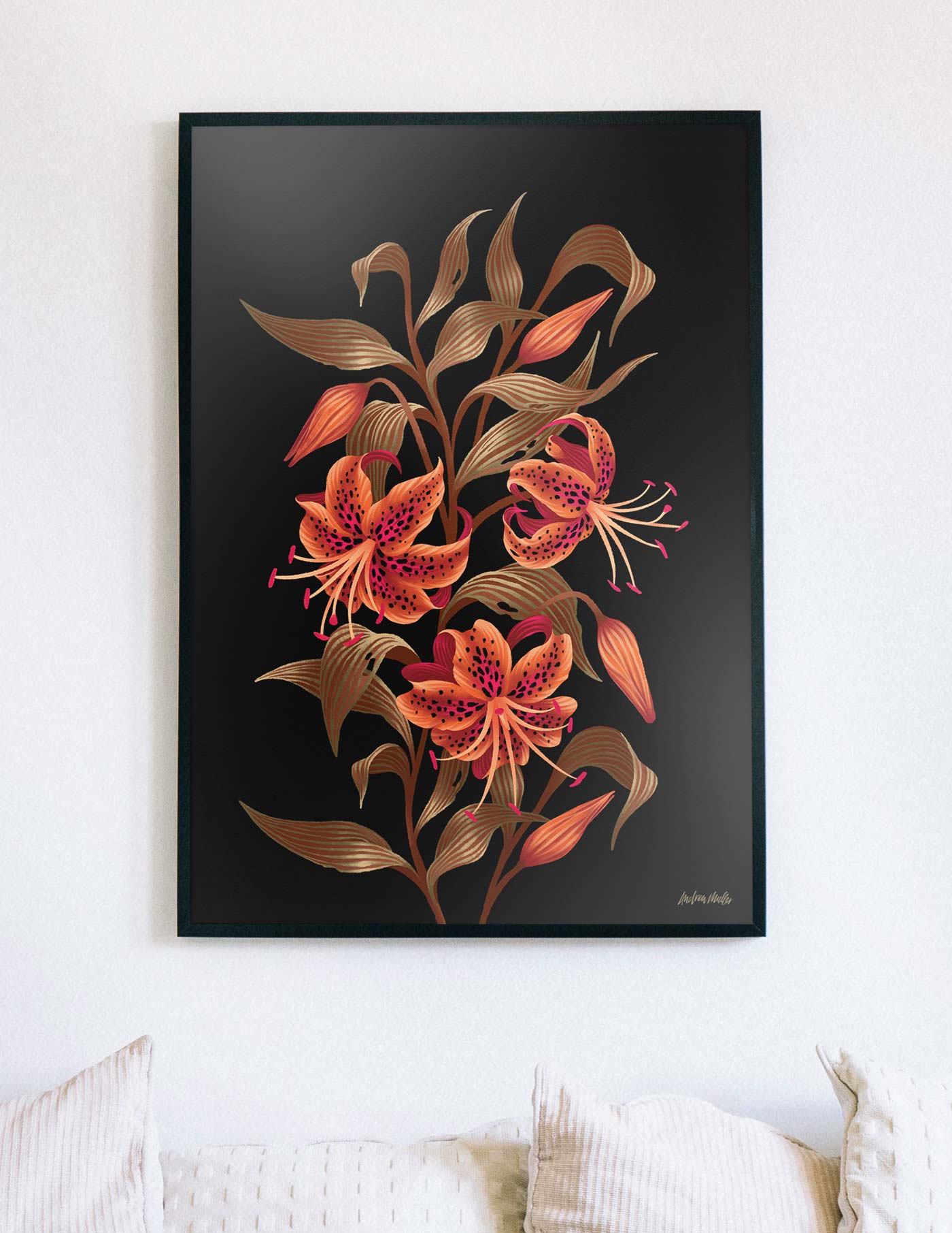 Art print of tiger lily flower on black background by Andrea Muller