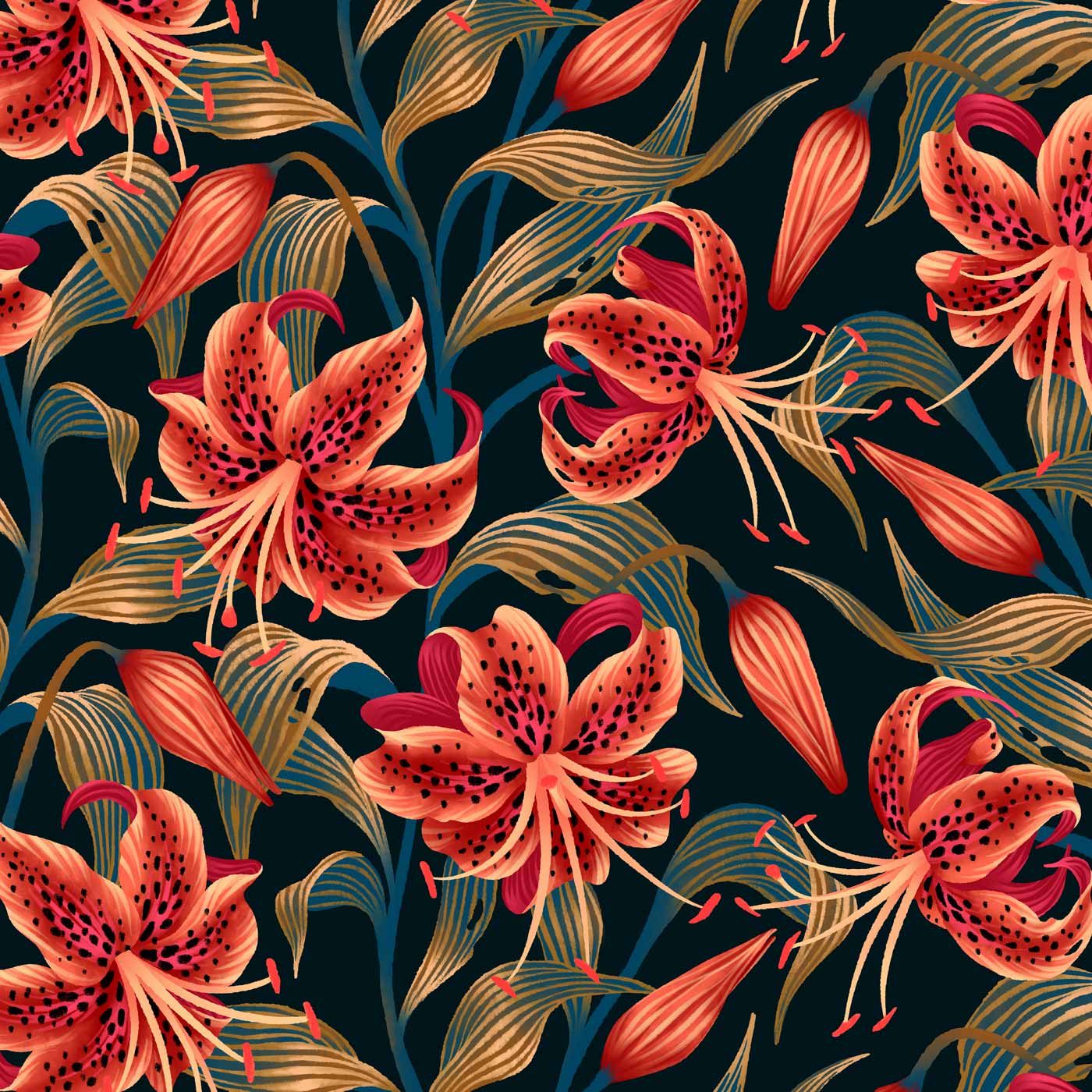 Orange spotted tiger lily floral illustration surface pattern by Andrea Muller