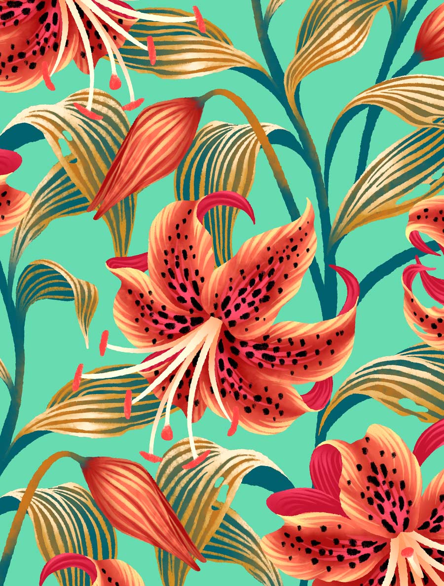 Bright teal mint tiger lily illustration pattern design by Andrea Muller