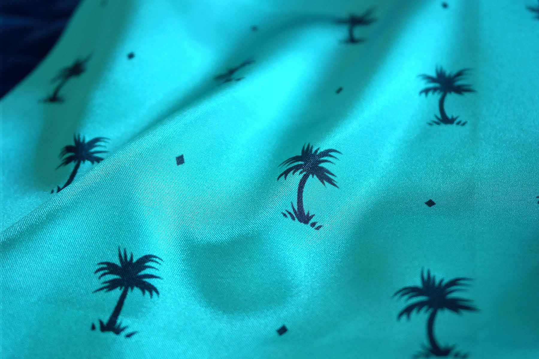 Small palm tree teal satin fabric print by Andrea Muller