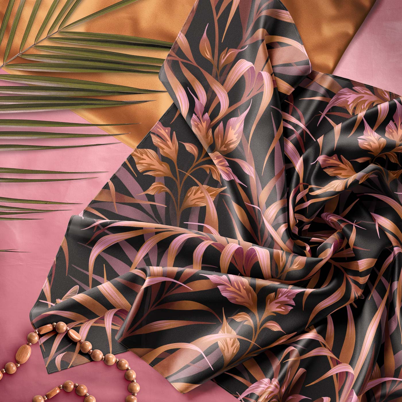 Tropical garden burnt orange palm print silk scarf by Andrea Muller