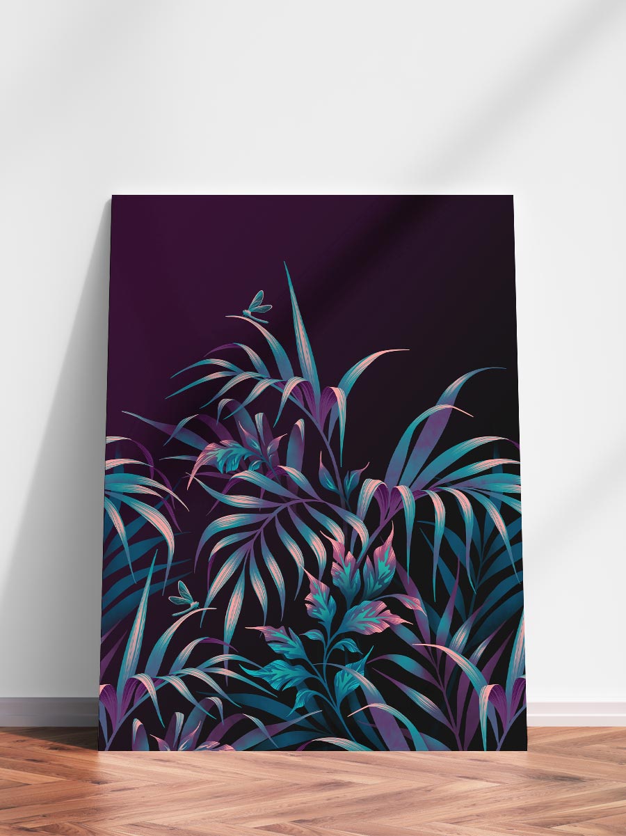 Tropical foliage dark blue and purple illustrated wall art print Andrea Muller