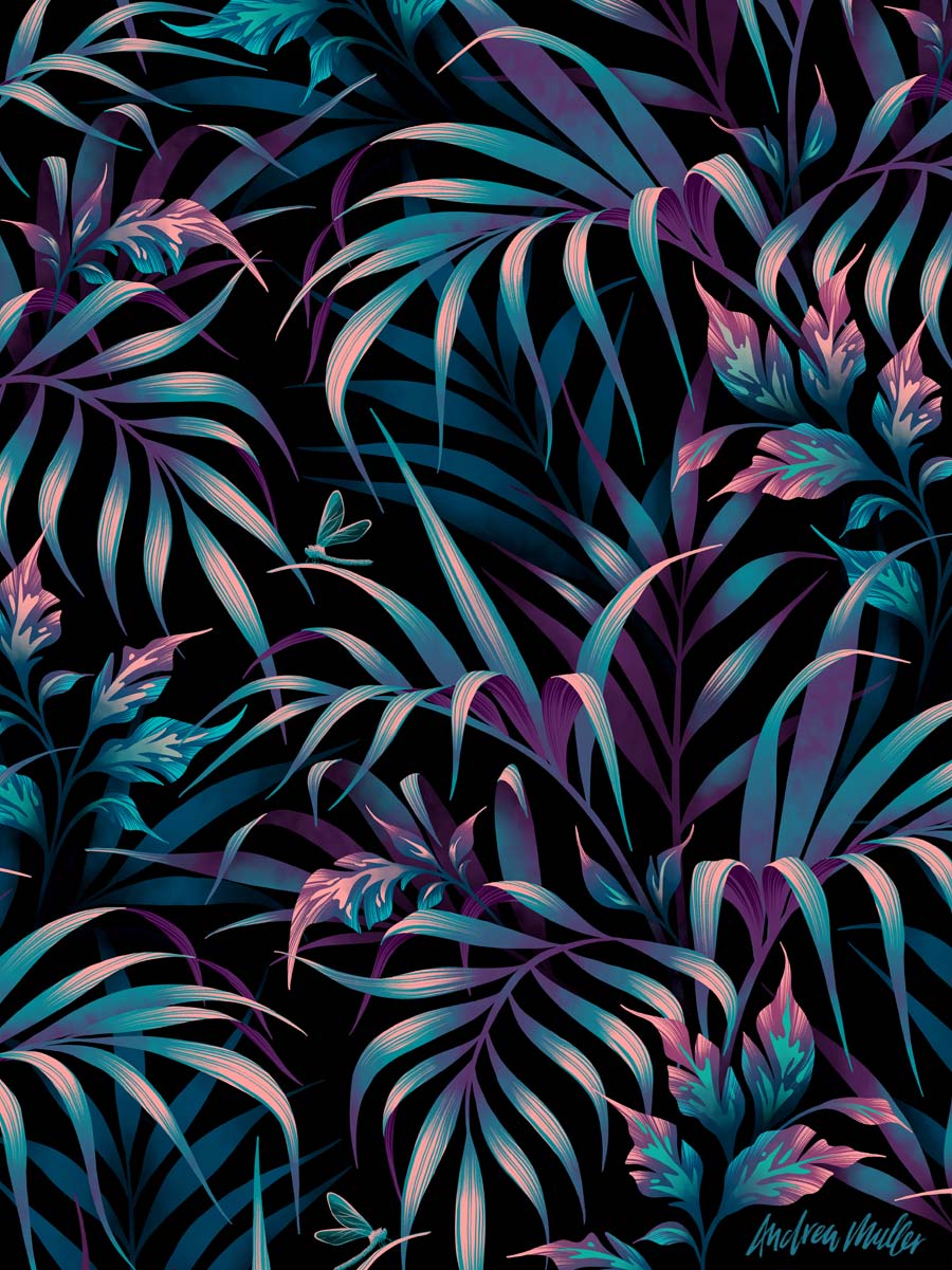 Tropical foliage dark blue and purple illustrated pattern Andrea Muller