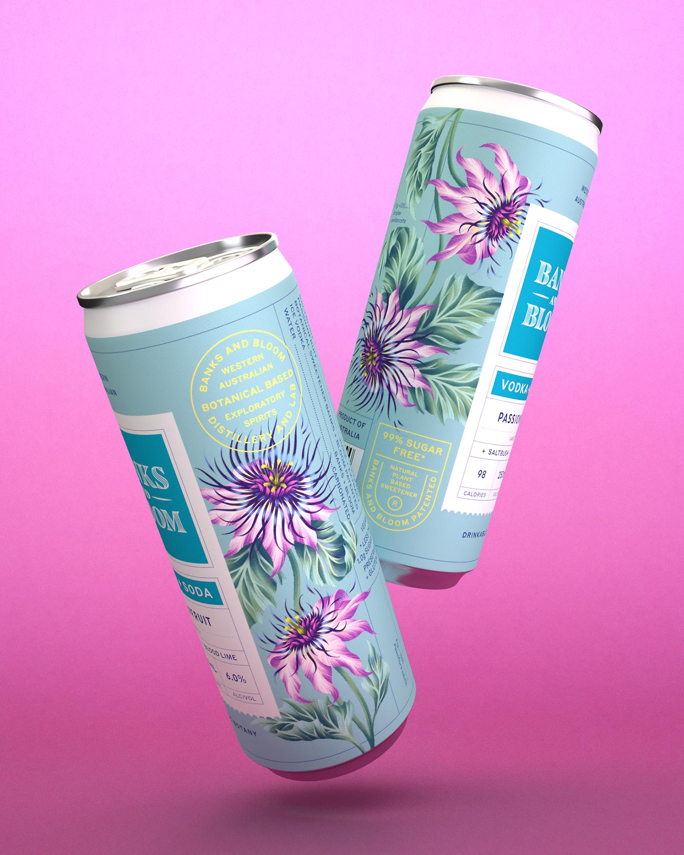 Passionfruit vodka and soda floral illustrated RTD can packaging design by Andrea Muller