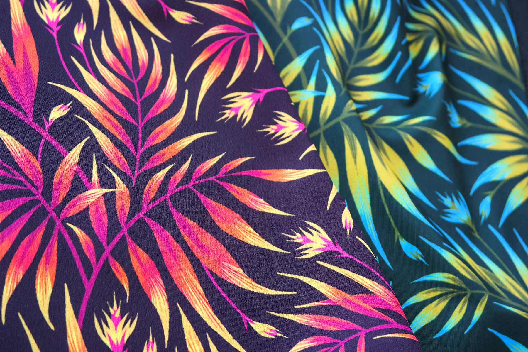 Tropical colorful palm leaf pattern fabrics by Andrea Muller