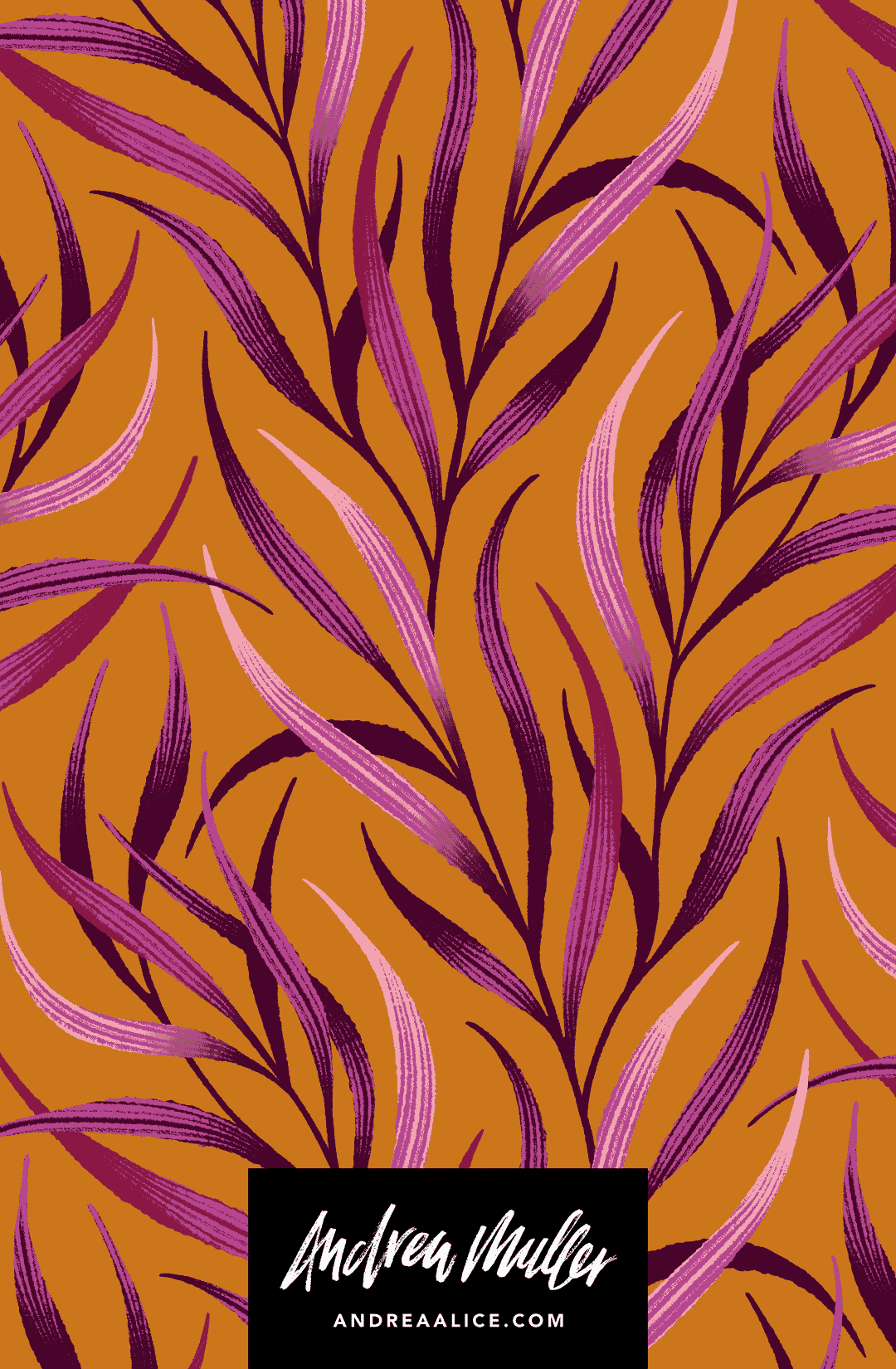 Pink wavy palm leaf pattern illustration on mustard gold background by Andrea Muller