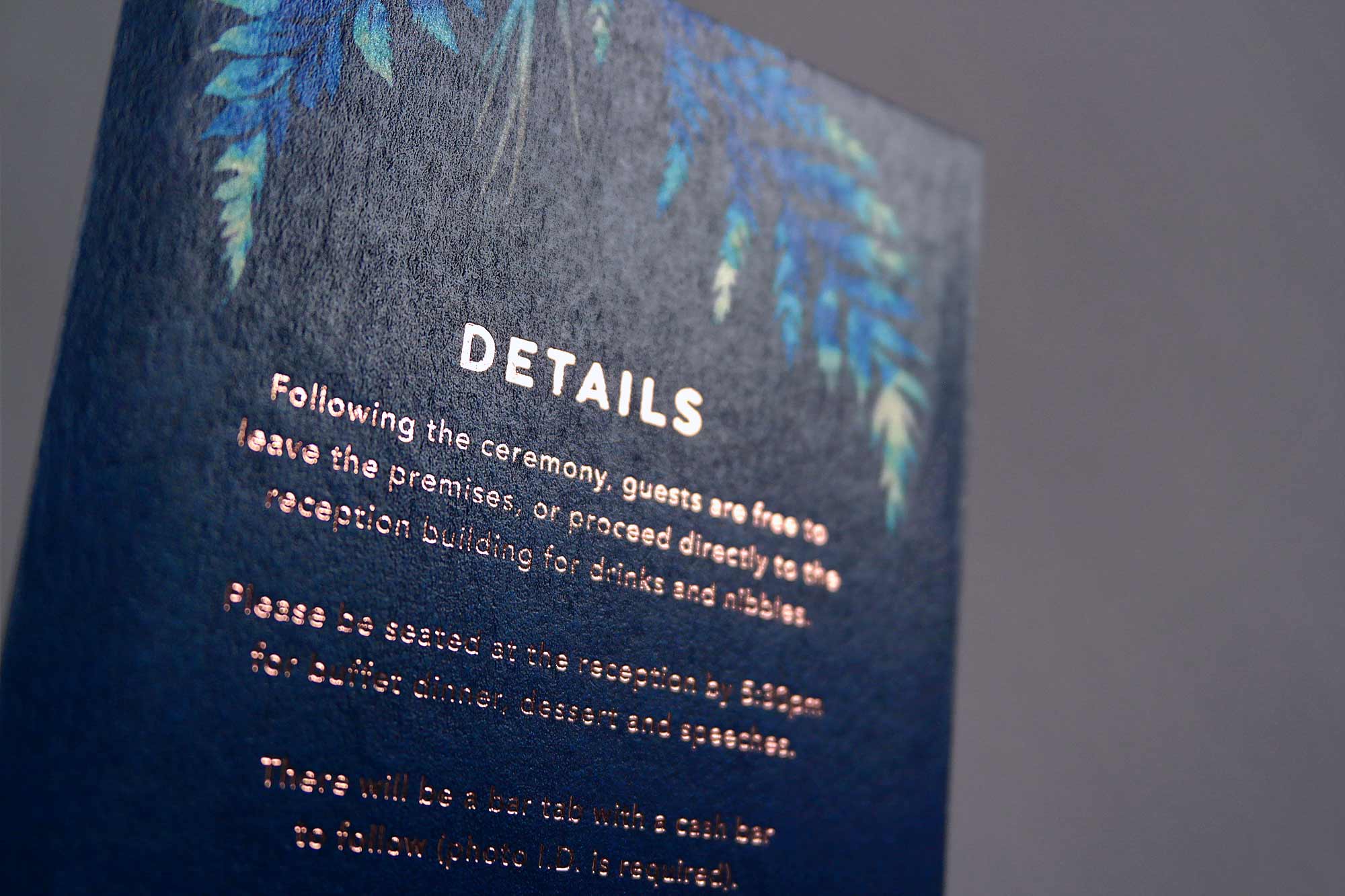 Wedding Invitation foil embossed with fern leaves