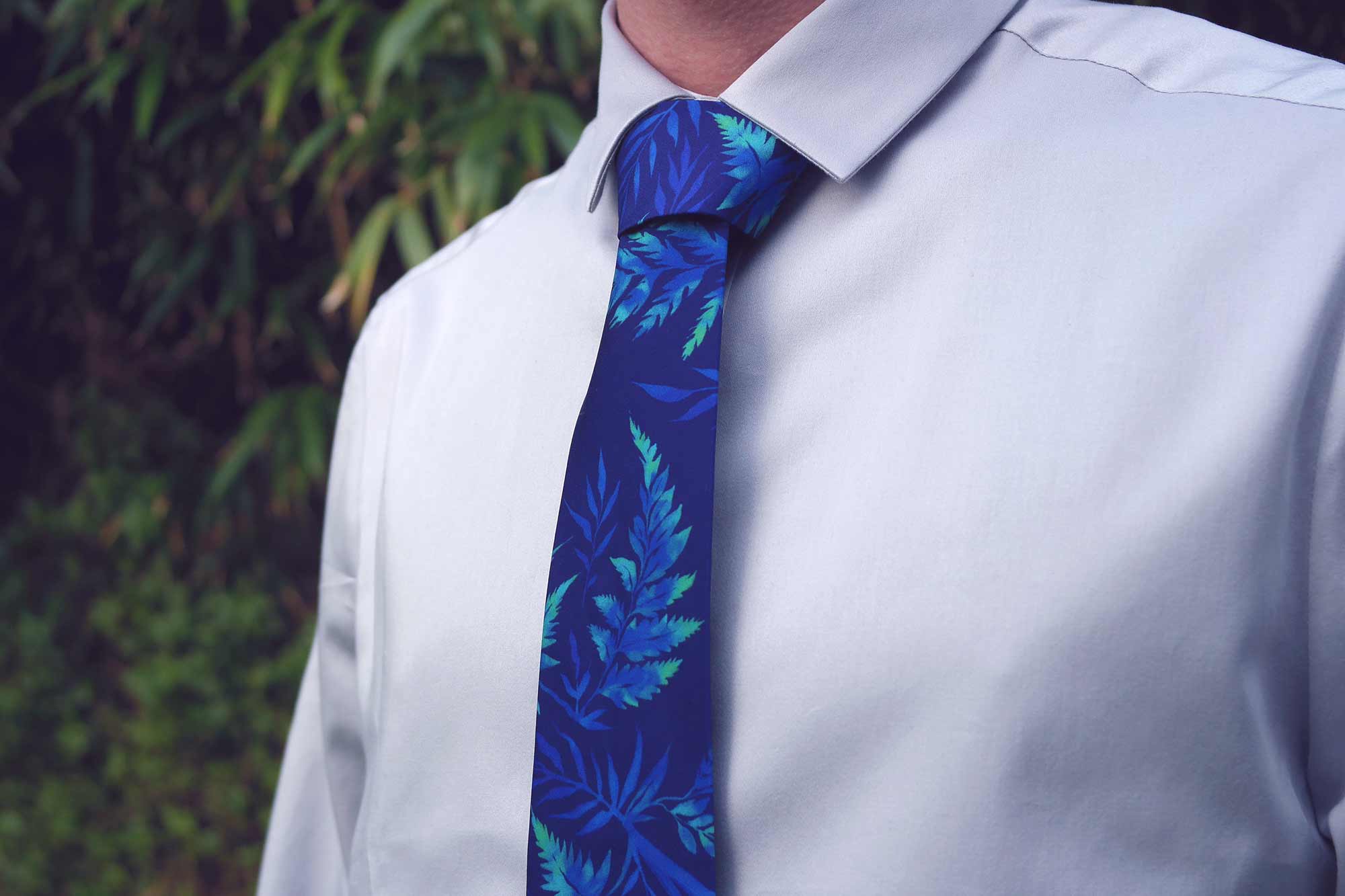 Wedding men's neck tie with blue fern leaves