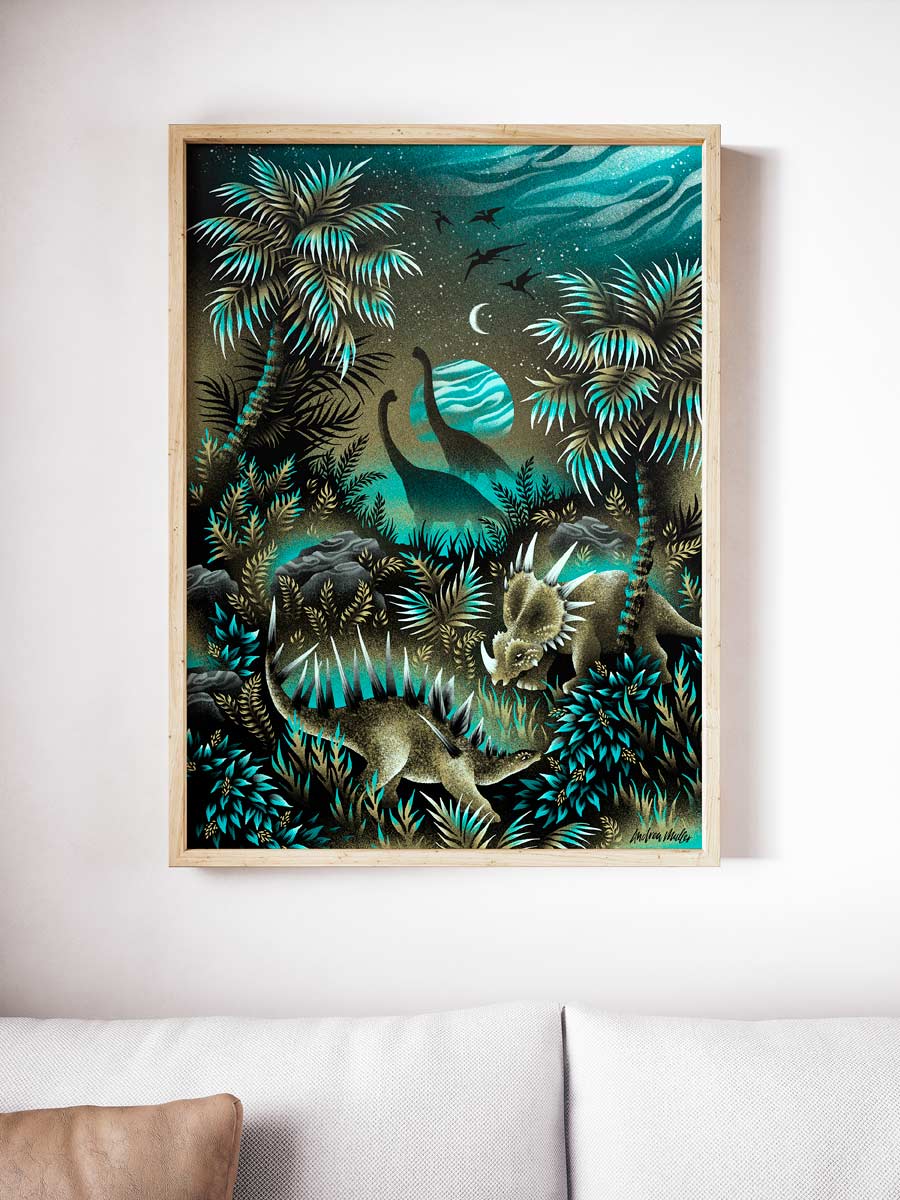 Framed illustration art print of dinosaurs with palm trees by Andrea Muller