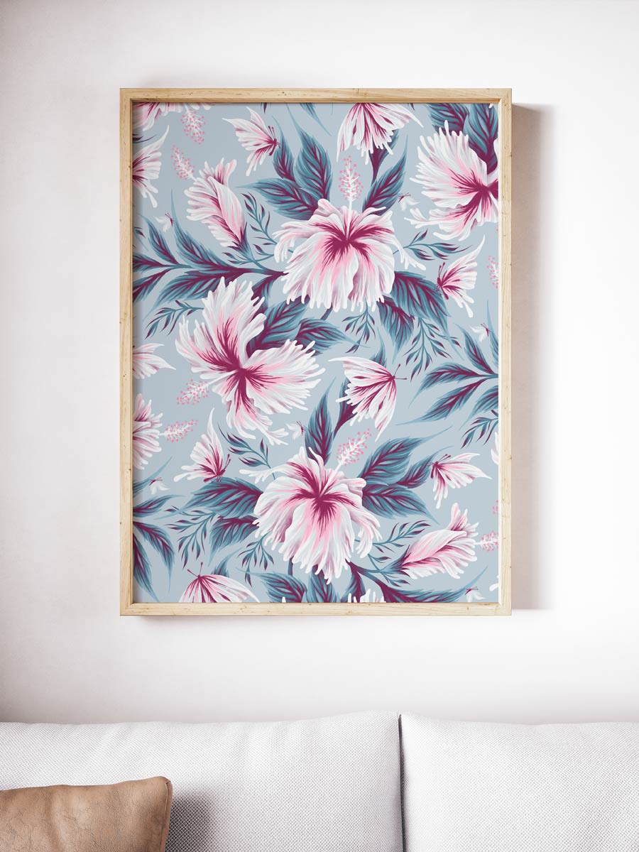 Pastel tropical hibiscus butterflies framed art print illustration by Andrea Muller