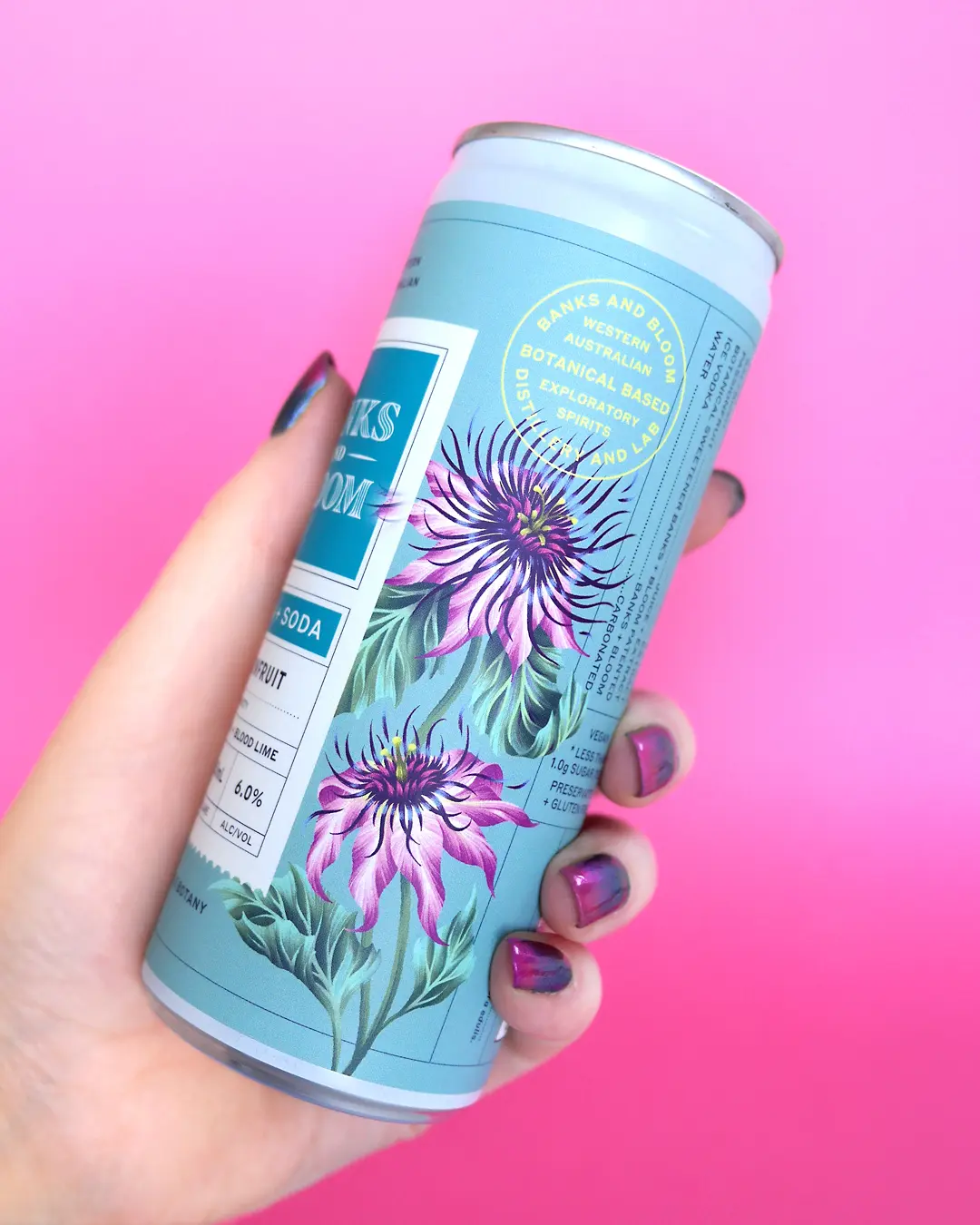 Passionfruit floral illustration on RTD can by Andrea Muller