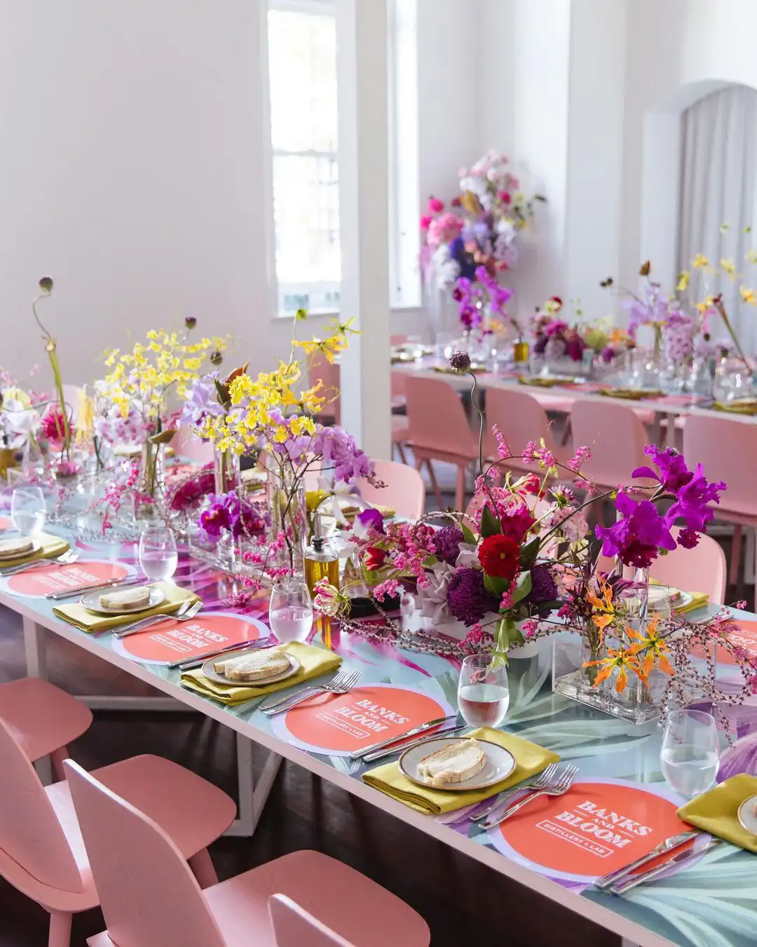 Floral RTD launch party with illustrated tabletops for Banks and Bloom Australia