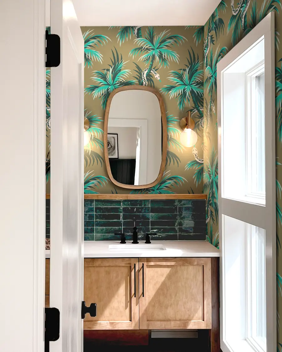 Tropical palm tree bathroom wallpaper featuring snakes by Andrea Muller