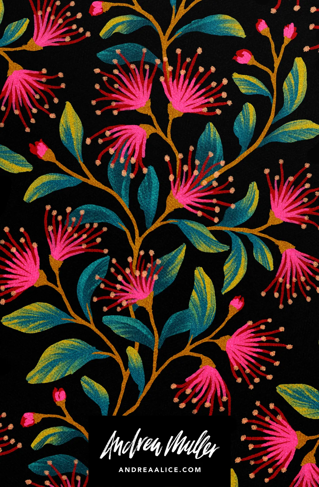 Climbing Rata native flower illustrated repeating pattern by Andrea Muller