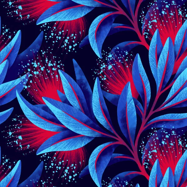 Pohutukawa flower red and blue wallpaper swatch by Andrea Muller