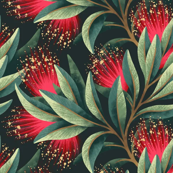 Pohutukawa floral natural green wallpaper swatch by Andrea Muller