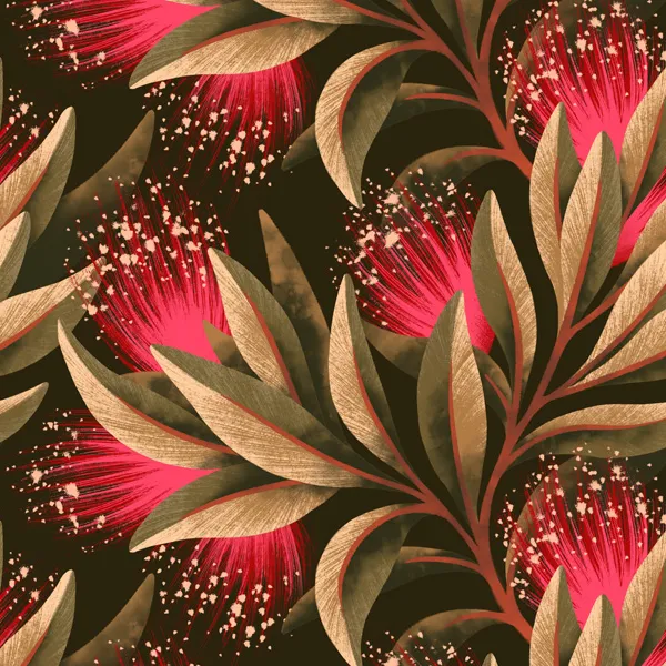 Pohutukawa floral warm red wallpaper swatch by Andrea Muller