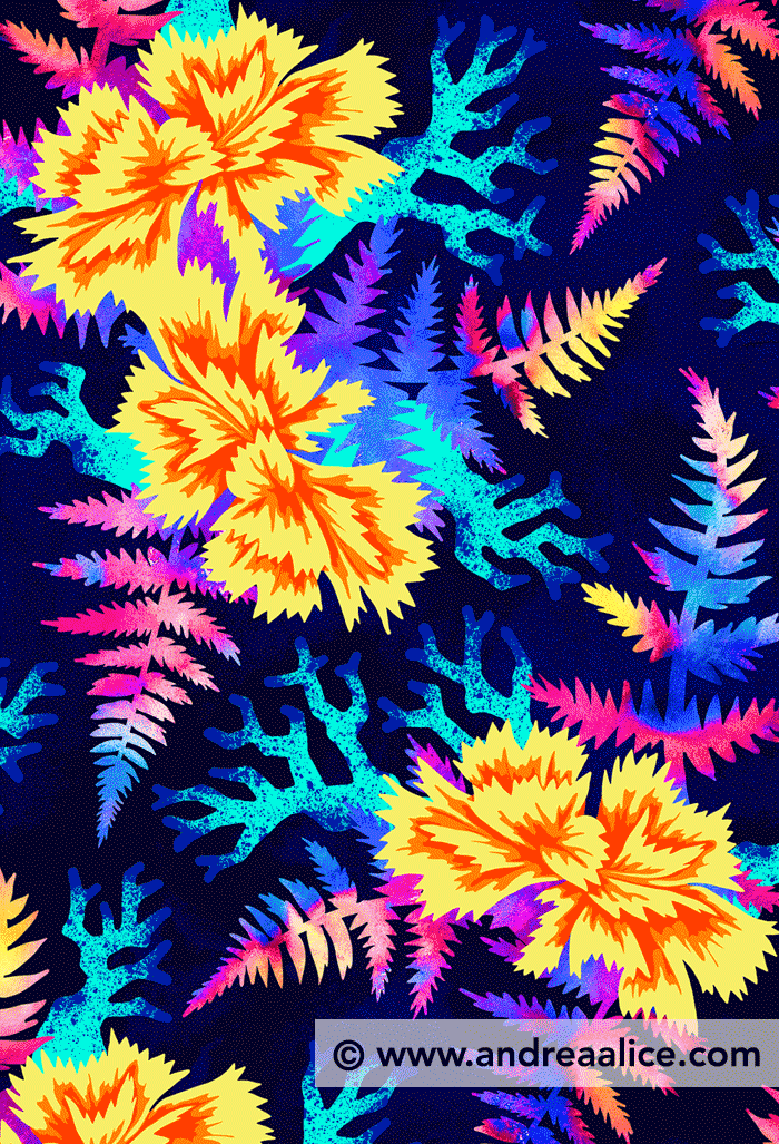 Coral Carnation Yellow & Blue floral pattern by Andrea Stark